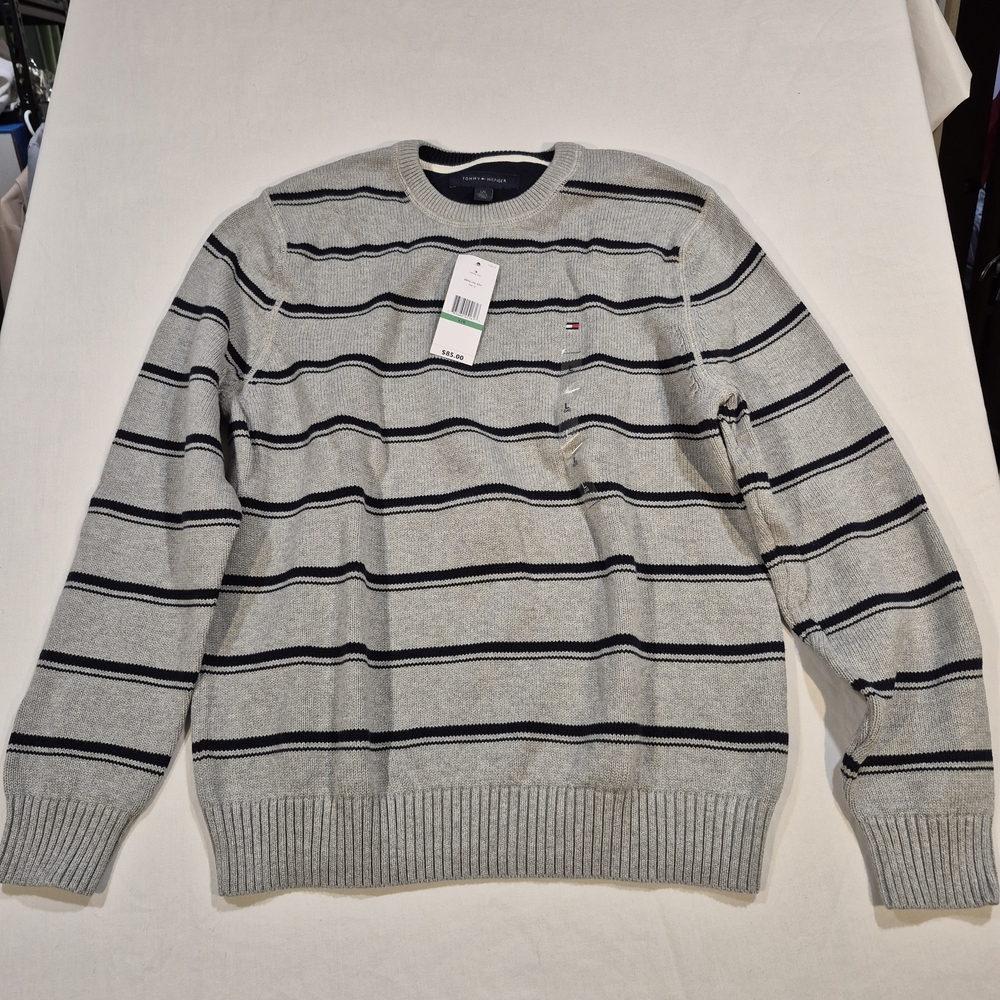 Brand New Tommy Hilfiger Gray Crewneck Sweater with Navy Stripes